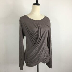 NWT SUNDRY Long Sleeve Brown Front Criss Cross Overlay High Low Hem Shirt Top